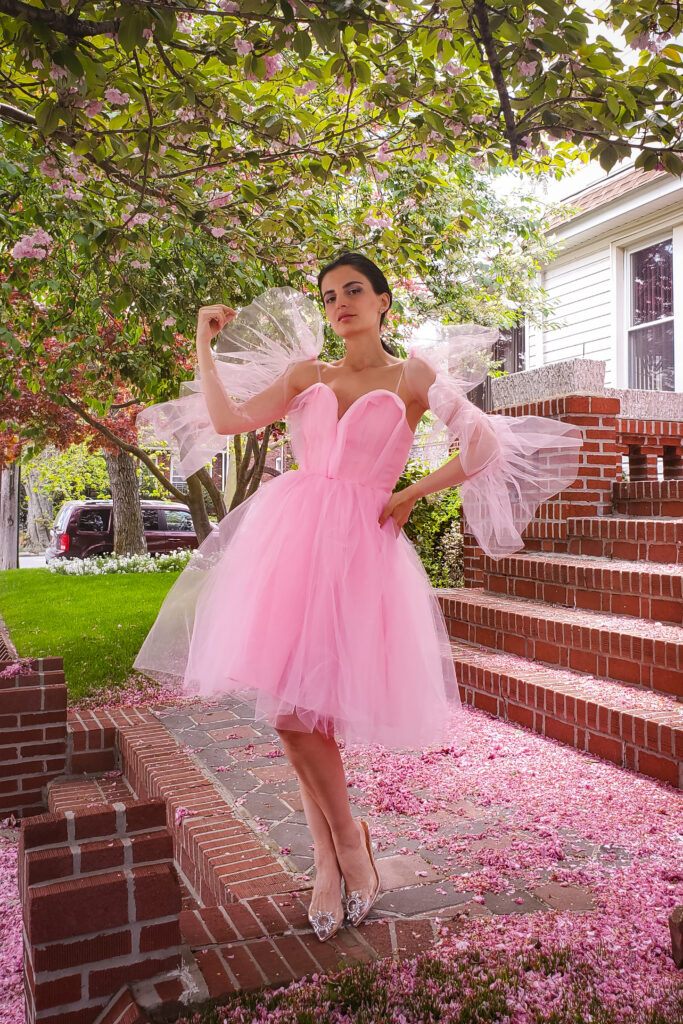 SALOME   Rose Tulle Dress With Detachable Ruffle Sleeve