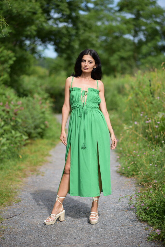 Kathrine Green Midi Dress With Tie Front Closure